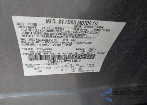 2009 Ford Flex Sel из США, поврежденный, VIN 2FMDK52C09BA15010